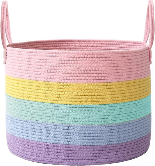 JMvicyroam 115L Extra Large Blanket Basket for Living Room - Woven Cotton Rope Laundry Hamper with Reinforced Handles - Storage Bin for Pillows, Comforters & Toys - Machine Washable,Rainbow