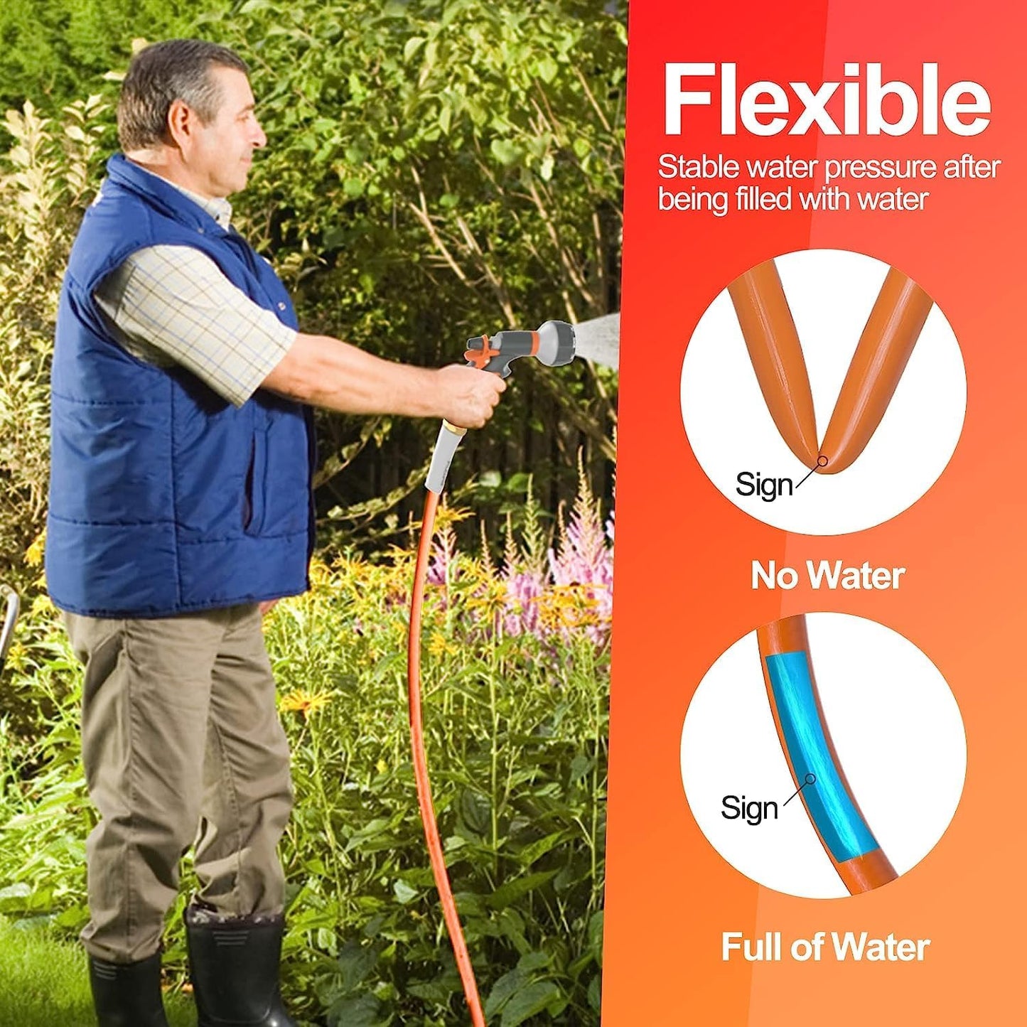 Garden Water Hose 200 ft x 5/8 in Heavy Duty, Flexible and Lightweight, Burst 600 psi, Kink-less Hybrid Rubber Pipe for Backyard, 3/4'' Brass Fittings, Orange