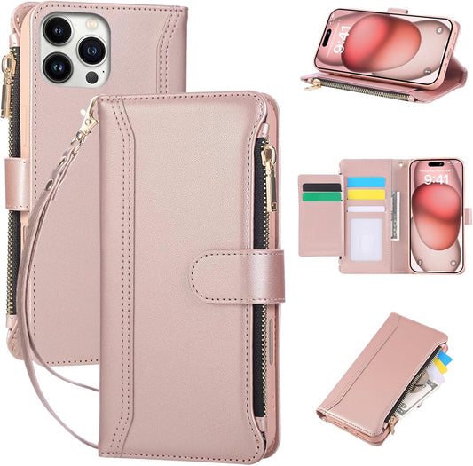 Compatible with iPhone 15 Pro Wallet Phone Case-PU Leather Magnetic Flip Cover with Credit Card Slots,Zipper Pocket & Detachable Wrist Strap,Shockproof Design,for Women and Men-Pink