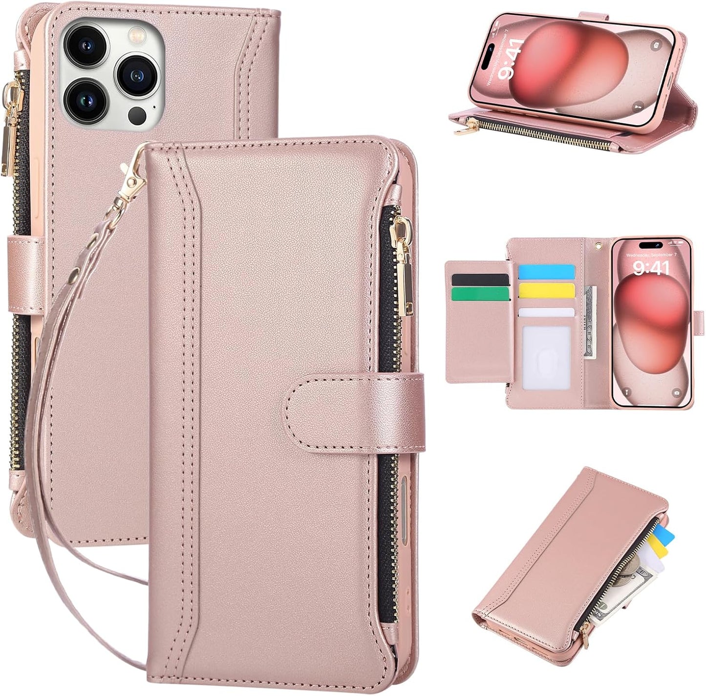 Compatible with iPhone 13 Pro Max Wallet Phone Case-PU Leather Magnetic Flip Cover with Credit Card Slots,Zipper Pocket & Detachable Wrist Strap,Shockproof Design,for Women and Men-Pink