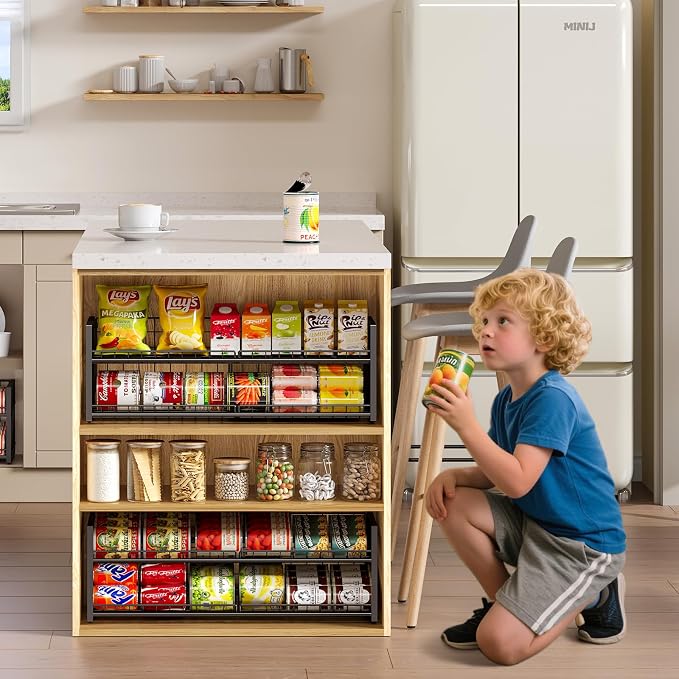 2-Pack Stackable Can Organizer for Pantry Shelf, Adjustable Extra-Long Rolling Can Rack for Kitchen Cupboard Storage, Sturdy Standing Can Holder for Canned Food Goods Soda up to 100, 2 Tier, Black