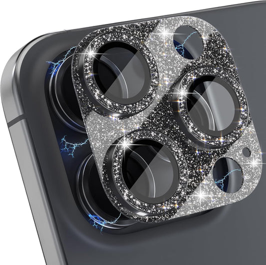 Choiche Compatible for iPhone 16 Pro/iPhone 16 Pro Max Camera Lens Protector, Bling Camera Cover with 9H Tempered Glass Lens Screen Protector Metal Ring Decoration Accessories (Glitter-Black)