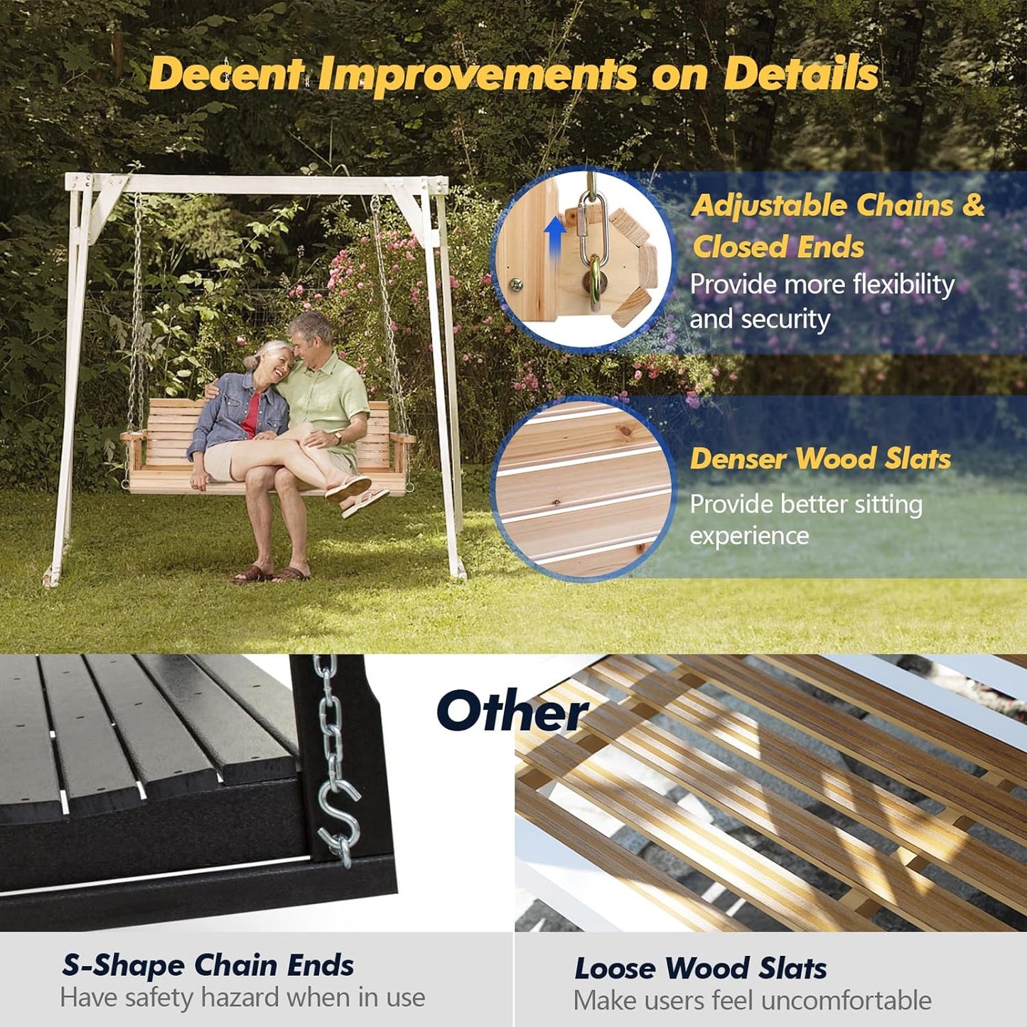 VINGLI Upgraded Patio Wooden Porch Swing for Courtyard & Garden, Heavy Duty 880 LBS Swing Chair Bench with Hanging Chains for Outdoors (Natural, 4 FT)