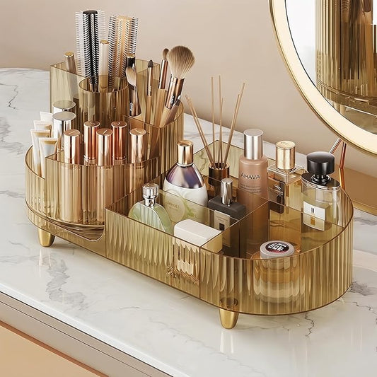 Booklov Rotating Makeup Organizer for Vanity, Large Capacity Cosmetic Display Case, Clear Acrylic Countertop Beauty Storage Holder for Skincare, Brush Eyeshadow Lipstick, Counter Desk, Crystal Amber