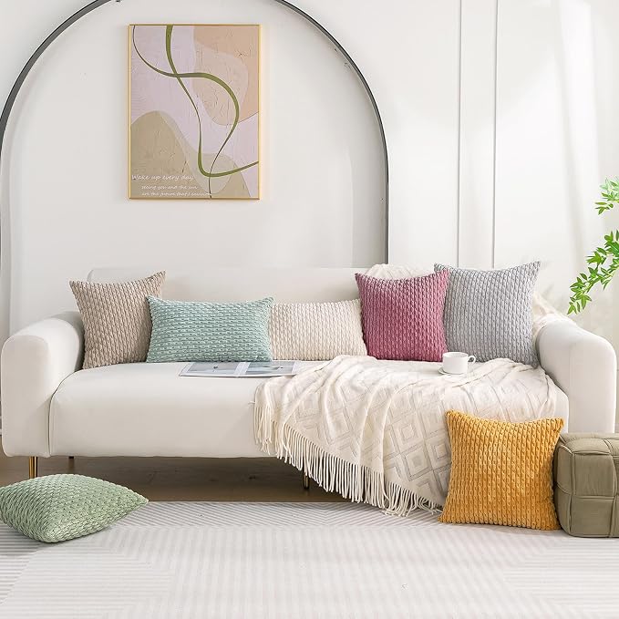 Set of 4 Pink Beige White Decorative Throw Pillow Covers 26x26 Inch Corduroy Pillow Covers for Bed Couch Sofa Living Room Soft Square Cushion Cases