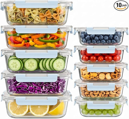 Dealusy 10 Sets (20-Piece) 4.5 Cup & 1.5 Cup Glass Food Storage Containers with lids, Airtight Leak-proof Glass Meal Prep Containers with Lids, Microwave Oven Freezer Dishwasher Safe, Blue
