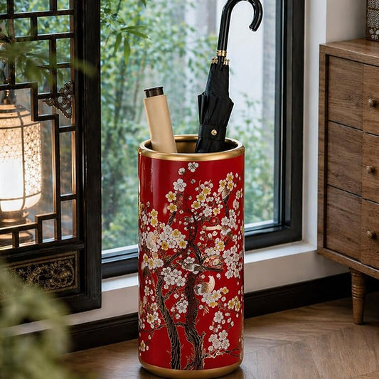 Ceramic Entryway Umbrella Stand,Handmade Appliques Chinese Umbrella Stand Barrels,Vintage Floor Standing Cane Holder Placed & Flower Vases for Hotel Office Home Entrance,B,17.3in
