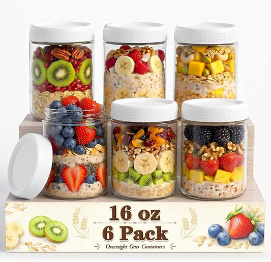 6-Pack Glass Storage Containers with Lids, Overnight Oats Containers with Lids, Wide Mouth Mason Jars 16oz, Glass Jar with Airtight Lid for Yogurt, Chia, Sugar, Snack, Oats, Food Storage
