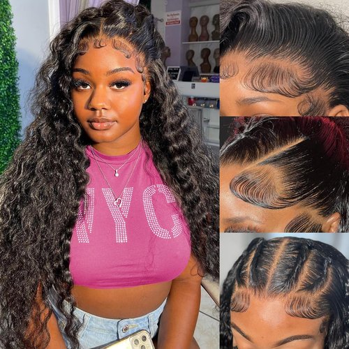 AskWish 180% Density 13x6 Deep Wave Lace Front Wigs Human Hair Pre Plucked Glueless Transparent HD Lace Frontal Wigs Human Hair Brazilian Virgin Black Hair Natural Hairline 20 Inch Wig