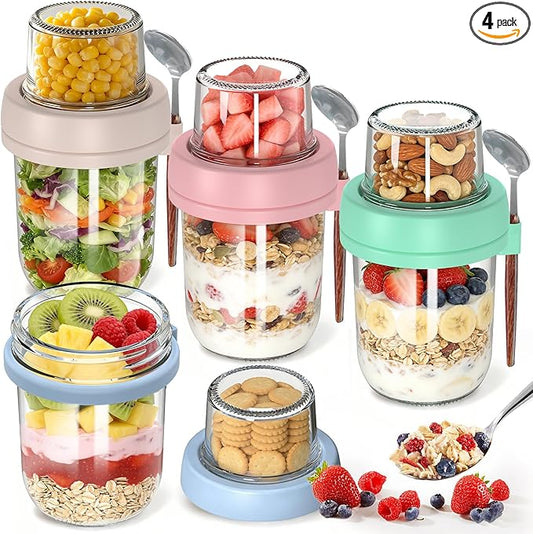 4 Pack Overnight Oats Containers with Lids and Spoons, 20 oz (16+4) Overnight Oats Jars, Glass Mason Jars with Dry and Wet Separation for Oatmeal Salad Yogurt, Dual-Layer Yogurt Containers with Lids
