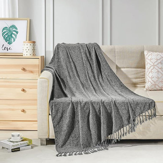 BOURINA Chenille Fluffy Throw Blanket with Decorative Fringe for Couch Cover Sofa Chair Blanket（50×60 Inches） Dark Grey