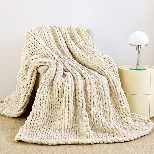 Admitrack Chunky Knit Blanket Throw, 100% Hand Knit Chenille Throw Blanket for Sofa & Home Decor, Soft and Cozy Knitted Throw Blankets (Ivory, 60"x80")
