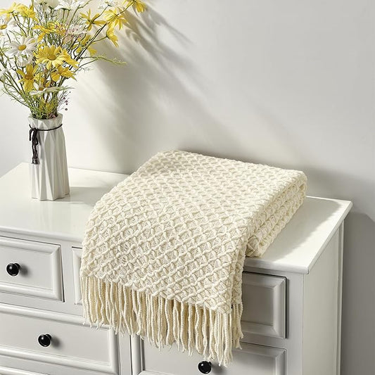 CREVENT Farmhouse Boho Knitted Throw Blanket for Couch Sofa Chair Bed Home Decoration, Soft Warm Cozy Light Weight for Spring Summer Fall (60''X80'' Beige)