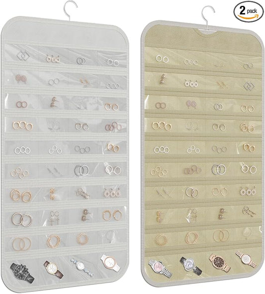 2 Pack Hanging Jewelry Organizer 80-Pocket Dual-sided Jewelry Storage for Earring Necklace Bracelet Ring Travel Holder, White and Beige