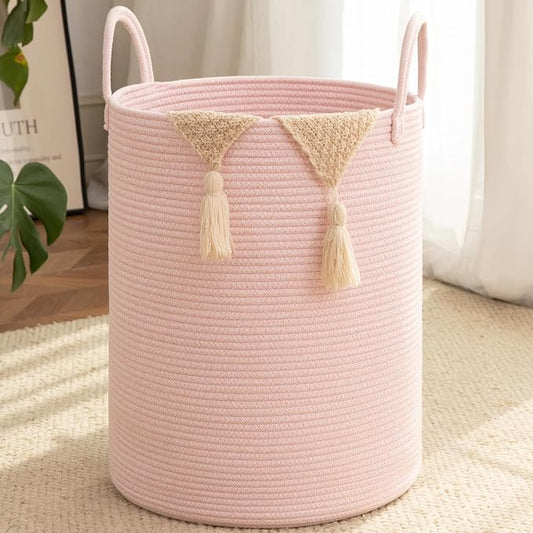 OIAHOMY Large Laundry Basket Hamper - 100L Cotton Rope Woven Basket for Blankets, Toys, Clothes - Tall Decorative Nursery Hamper with Long Handles, Pink