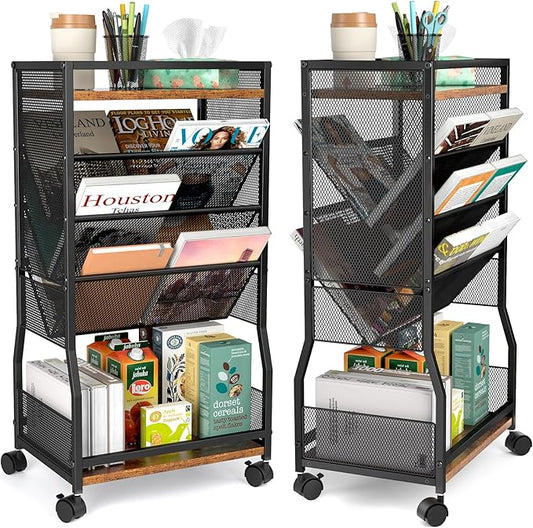 DAOUTIME 8 Tier Rolling Book Cart with Wheels, Mobile Book Storage Cart with 2 Sides Access Bookcase for Narrow Space, Rolling File Organizers and Storage for Home Office Living Room Classroom School