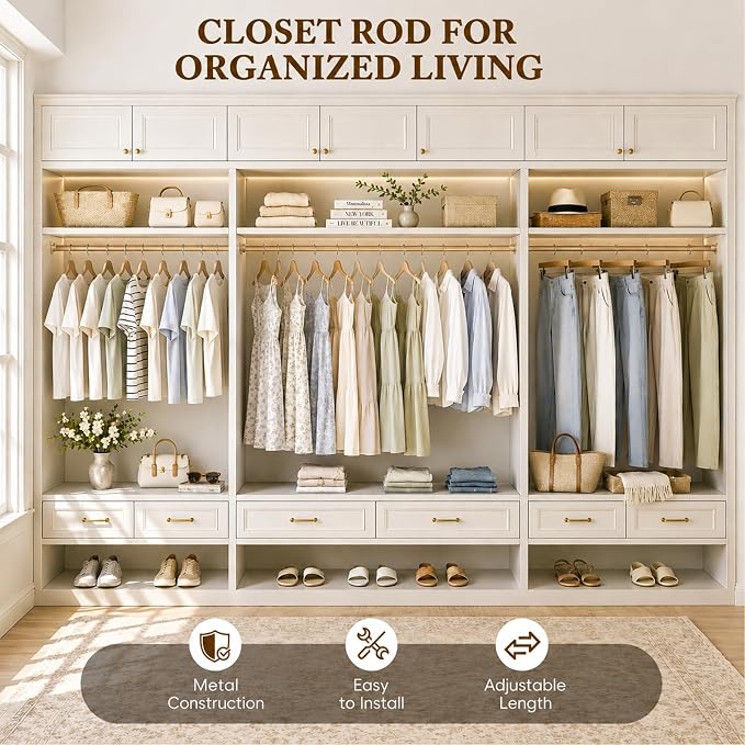 Heavy Duty Closet Rod, 17-39 IN Closet Rods for Hanging Clothes, Gold | Stepless Adjustable, Supports up to 66 lbs, Multiple Size Options, Easy Installation, Multi Purpose , Wall-Mounted
