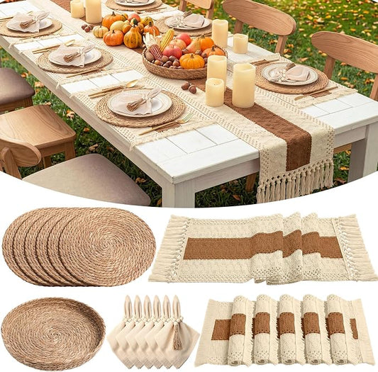 6 Sets Boho Decoration Placemats Round Woven Placemats, Cloth Napkins, Wood Bead Napkin Rings, Long Table Runner and Farmhouse Burlap Cotton for Table Kitchen (Caramel,12x72)