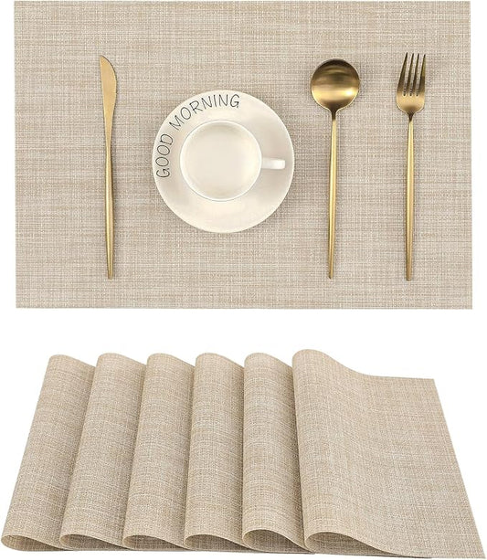Leetaltree Beige Placemats Set of 6 - Heat-Resistant, Non-Slip Table Mats, Washable Woven Vinyl for Indoor & Outdoor Dining