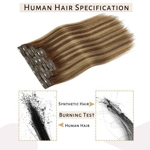 Caliee Seamless Hair Extensions Clip in Human Hair Ultra Thin Double PU Skin Weft Real Human Hair Extensions R4-4/27 Chocolate Brown to Caramel Blonde Ombre Clip in Hair Extensions 16Inch 115G 8Pcs