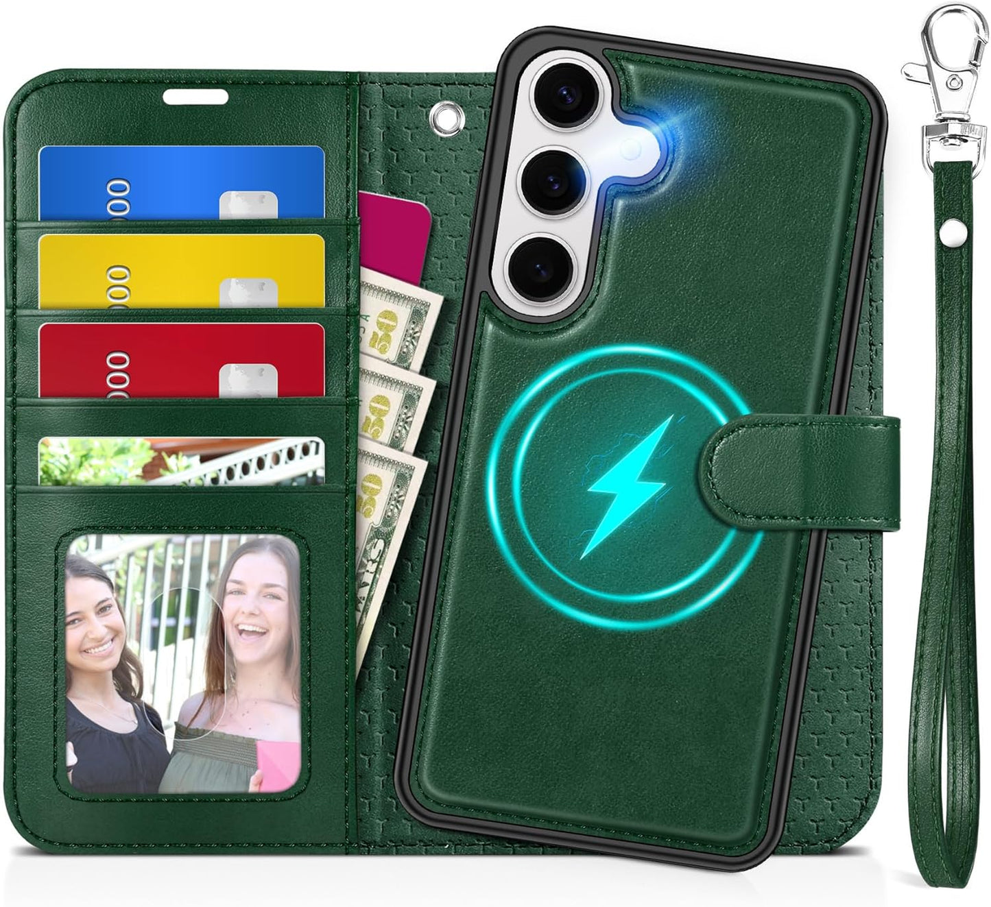 TUCCH Wallet Case for Galaxy S25, [Removable] 2 in 1 [Wireless Charging] Wrist Strap RFID Blocking [4 Card Holders] PU Leather Cover, Magnetic Detachable Stand Folio Case for Galaxy S25, Evergreen