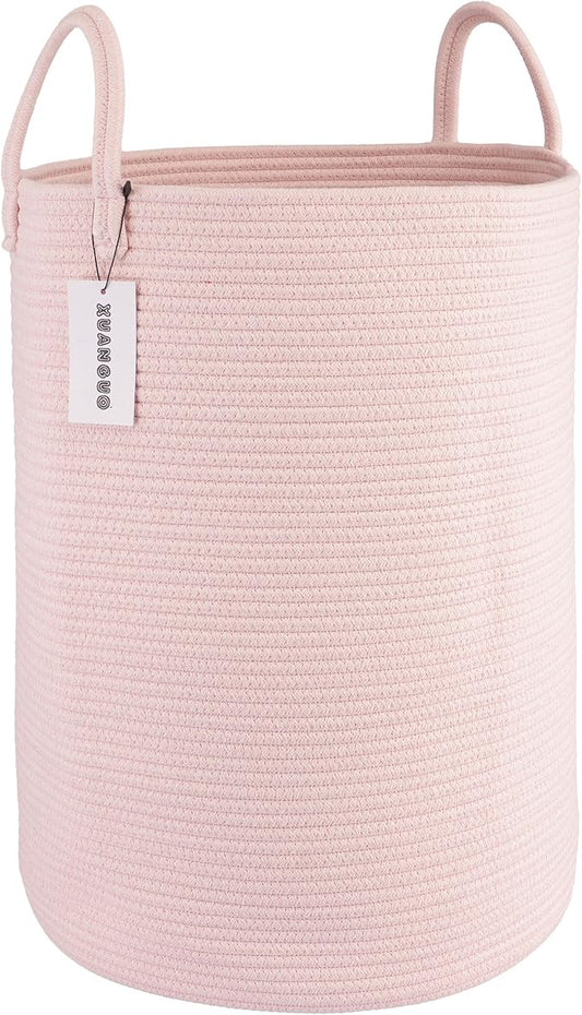 XUANGUO Cotton Rope Laundry Basket Hamper for Clothes Woven Storage Basket for Living Room Bedroom Boho Tall Rope Baskets for Blanket Toys Pillow Towels Baby Nursery Hamper Bin Large light pink