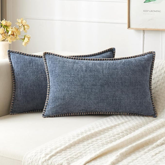 MIULEE Pack of 2 Lumbar Throw Pillow Covers 12x20 Inch Dark Grey Blue Farmhouse Decorative Pillow Covers with Stitched Edge Soft Chenille Solid Dyed Pillow Covers for Couch Sofa Bed Living Room