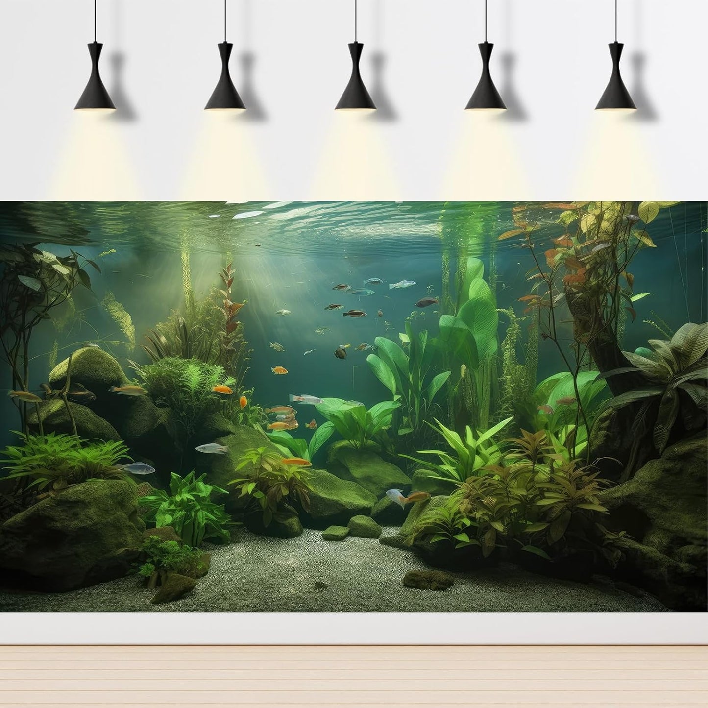 Under The Sea Aquarium Background Underwater Aquatic Plants Fish Tank Background Tropical Fish Rock with Moss Terrarium Background Undersea Green Grass with Sunbeams Terrarium Background 48x20in