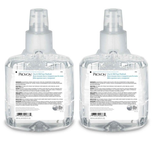 PROVON LTX-12 Clear and Mild Foam Handwash, EcoLogo Certified, 1200 mL Foam Soap Refill for LTX-12 Touch-Free Dispenser (Pack of 2) - 1941-02
