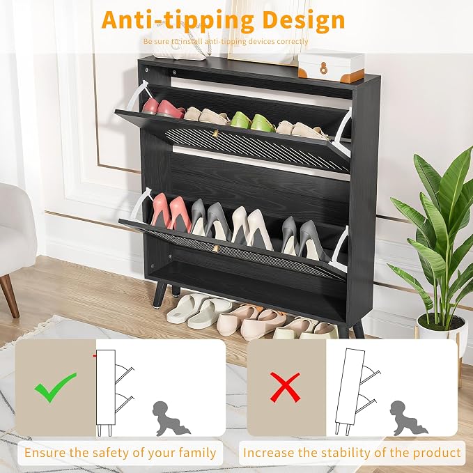 Fsbecl Shoe Storage Cabinet for Entryway with 2 Flip Drawers, Narrow Wood Shoe Cabinet with Fluted Panel, Freestanding Hidden Shoe Organizer for Foyer, Hallway (Black - No Shelf)