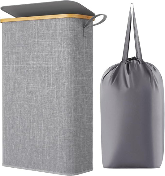 Lifewit 65L Slim Laundry Hamper with Lid, Narrow Laundry Basket with Removable Bag & Bamboo Handles, Fodable Thin Dirty Clothes Hamper for Laundry Collapsible Bin for Bathroom Bedroom Dorm, Gray