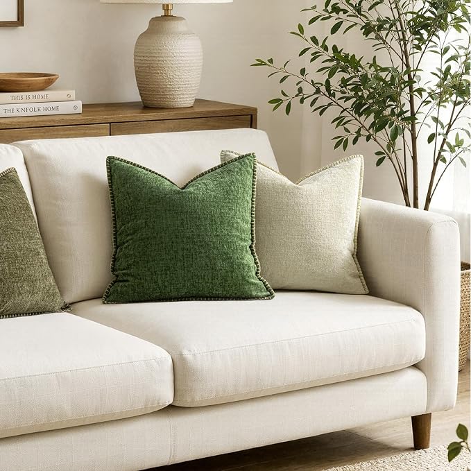 MIULEE Pack of 2 Euro Sham Pillow Covers 26x26 Inch Moss Green Farmhouse Decorative Throw Pillow Covers with Stitched Edge Soft Chenille Pillow Covers for Couch Sofa Bed Living Room, Forest Green