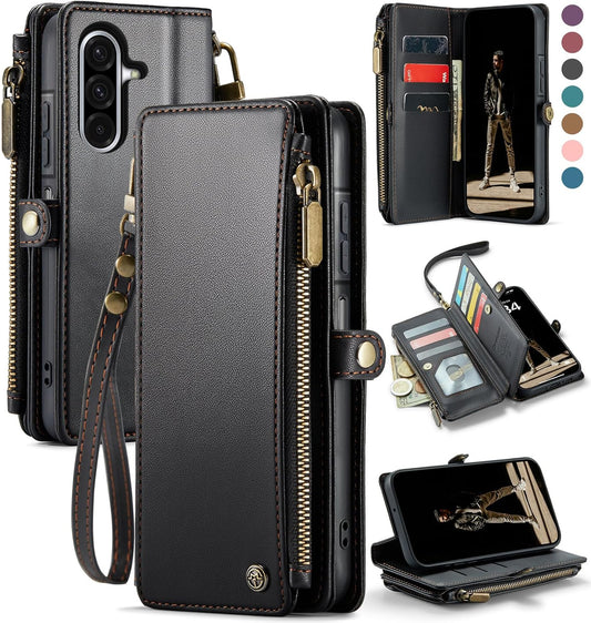 Defencase for Galaxy A26 5G Case Wallet with RFID Blocking Card Holder for Women Men, Fashion PU Leather Magnetic Snap Flip Zipper Wrist Strap Wallet Phone Case for Samsung Galaxy A26 5G, Black