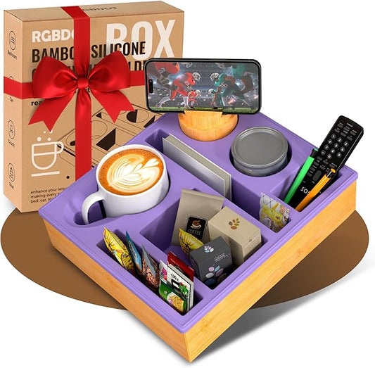 Couch Cup Holder Tray - Couch Organizer Caddy, Silicone Beach Caddy with Cup Holder, Sofa and Bed Drink Holder and Couch Tray Table for Snacks Beverage Remote (Purple)
