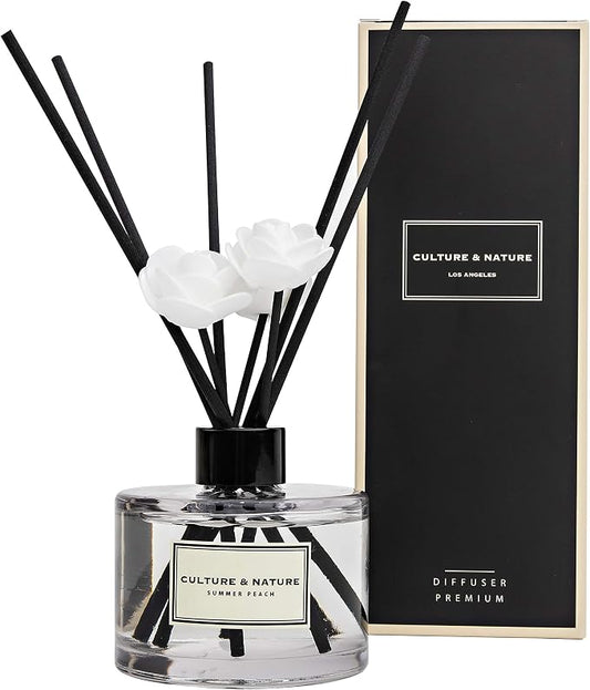 CULTURE & NATURE Reed Diffuser Set 6.7oz (200ml) Summer Peach Scented Diffuser with Sticks Home Fragrance Reed Diffuser for Bathroom Shelf Decor