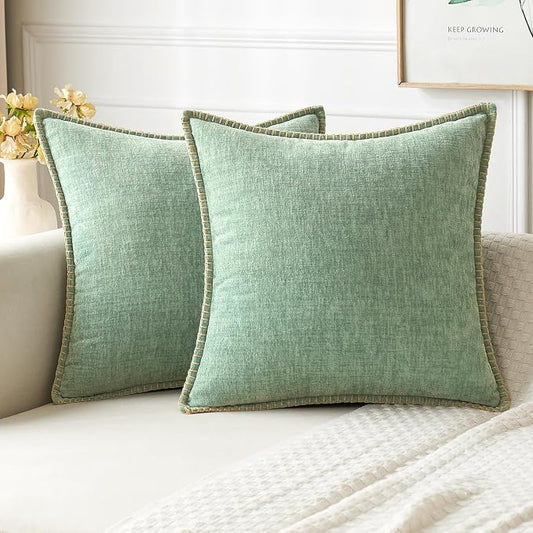 MIULEE Pack of 2 Summer Throw Pillow Covers 18x18 Inch Greyish Green Farmhouse Decorative Pillow Covers with Stitched Edge Soft Chenille Solid Dyed Pillow Covers for Couch Sofa Bed Living Room
