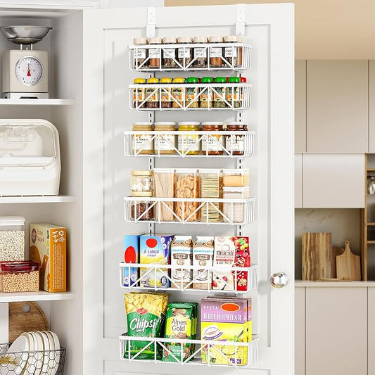 Delamu Adjustable Over the Door Pantry Organizer, 6-Tier Metal Pantry Organization and Storage for Kitchen, Hanging Spice Rack Seasoning Shelves, Cabinet Door Organizer for Easy Install, 16"