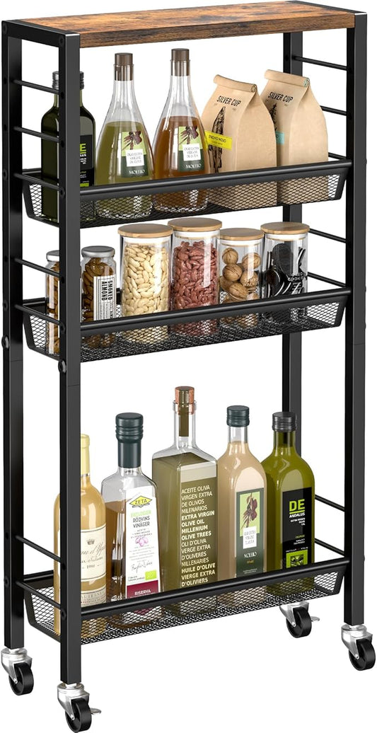 Slim Rolling Cart, 4-Tier Narrow Kitchen Storage Cart, Slim Utility Cart on Wheel, Skinny Bathroom storage cart with Wood Tabletop, 6.0" Deep, For Kitchen, Dining Room, Living Room, Laundry Room