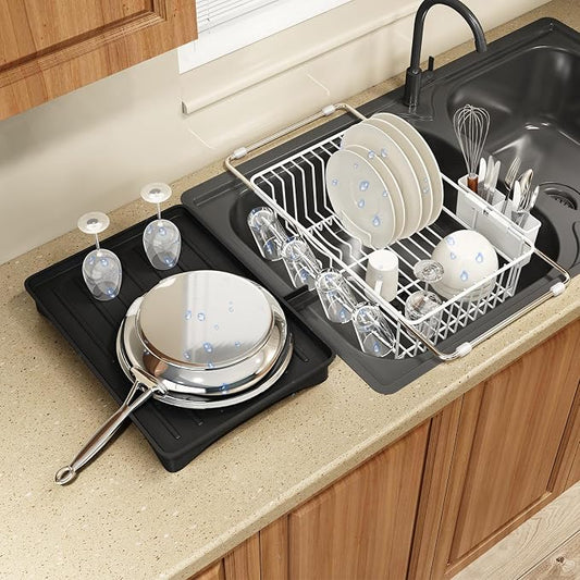 MAJALiS White Dish Drying Rack Over Sink with Utensil Holder, Drainboard | Expandable Stainless Steel Dish Drainer for Small Kitchen, Apartment, RV, Counter Space Saving, Perfect Fit, Rustproof