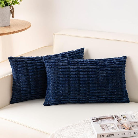Aegero Pack of 2 Corduroy Decorative Throw Pillow Covers 12x20 InchSoft Boho Striped Pillow Covers Modern Farmhouse Home Decor for Sofa Living Room Couch Bed(Blue)