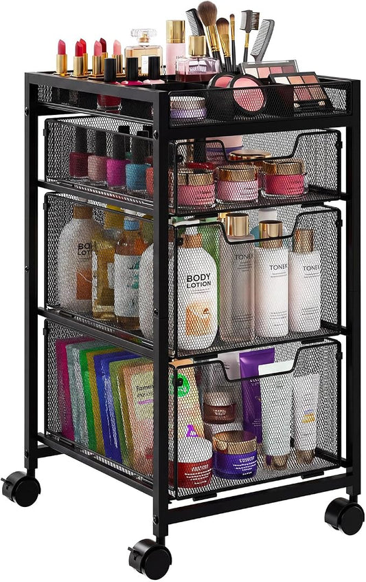JKsmart Rolling Makeup Cart Organizer with 3 Drawers, Cosmetics Display with Dividers, Floor Skincare Storage with Wheels, Versatile Vanity Organizer for Nail Polish Perfume Brush Hair Tool, Black