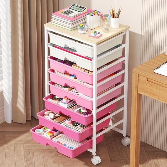 Goovilla Rolling Cart with Drawers, Utility Cart Organizer With 8 Removable Drawers and Wooden Tabletop, Lockable Rolling Storage Organizer for Art, Classroom, Home, Dorm, Office, Craft Storage, Pink
