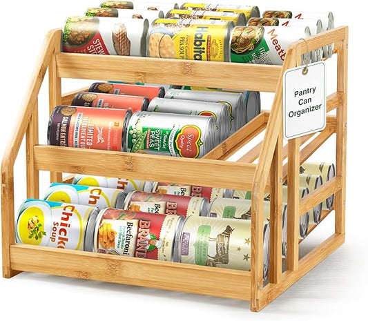 HOMESTEAD Bamboo Can Organizer for Pantry - 3 Tier Rack with Adjustable Dividers, Gravity Feed Canned Goods Organizer, 36 Cans Soda Storage