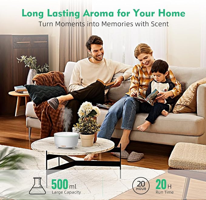 500ML Large Capacity Essential Oil Diffuser, Ultrasonic Aromatherapy Diffuser with 7 Color LED Lights with Remote Control, Cool Mist Humidifier, Timed Mist, Auto Shut-Off (Pure White)