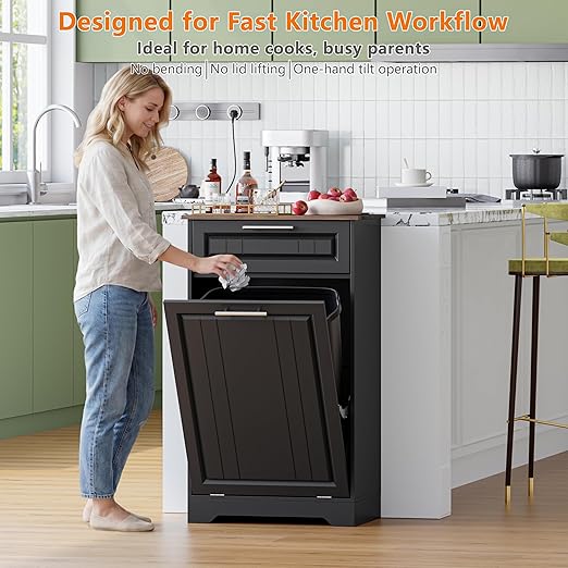 Single 10 Gallon Tilt Out Trash Can Cabinet with Deodorizing Function, Wooden Hidden Garbage Can Holder with Storage Drawers for Kitchen and Dining Room, Laundry Hamper Cabinet for Bathroom, Black