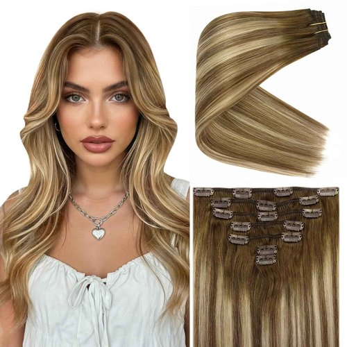 Ve Sunny Clip in Hair Extensions Brown Human Hair Clip in Extensions for Women Clip in Extensions Real Human Hair Chestnut Brown Balayage Platinum Blonde Easy to Wear 7pcs 20inch 120g