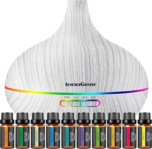 InnoGear Aromatherapy Diffuser & 10 Essential Oils Set, 400ml Diffuser Ultrasonic Diffusers for Home Cool Mist Humidifier with 4 Timers 7 Colors Light Waterless Auto Off, White Grey