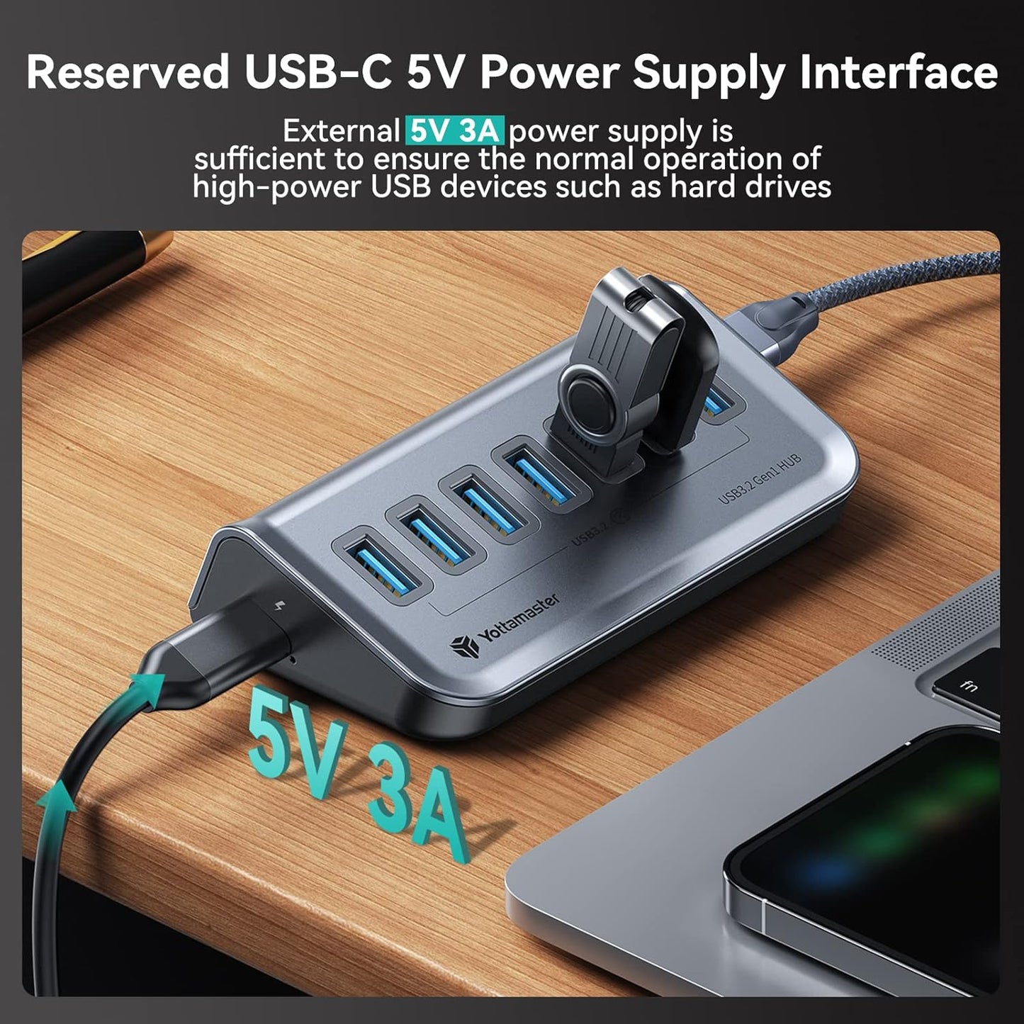 Yottamaster 7 Port USB 3.0 Hub, Data USB Hub Splitter with 3.2ft Cable Compatible with MacBook, Mac Pro, Compatible with Mac Mini, iMac, Laptop, PC, USB Flash Drives, Mobile HDD, Printer (3.2ft)