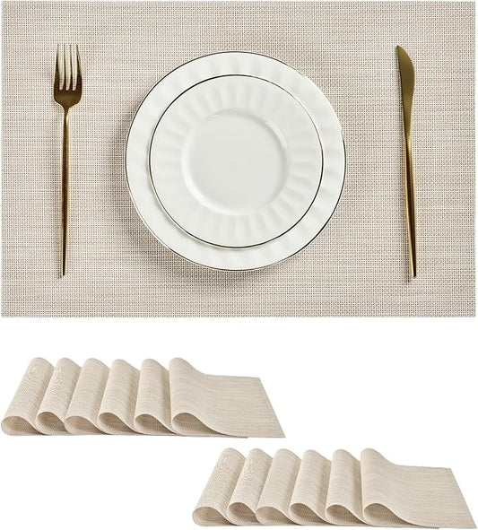 Leetaltree Beige White Placemats Set of 12 - Heat Resistant Non-Slip Place mats for Dining Table, Washable Durable PVC Vinyl Woven Table Mats(Beige White, 12)