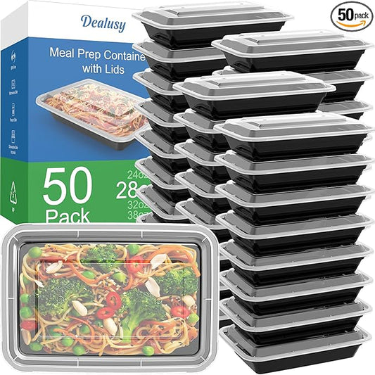 Dealusy 50 Pack (100-Piece) 28 oz Meal Prep Containers Reusable with Lids, Sturdy Leakproof & Food Safe, Microwave, Freezer, Dishwasher Safe Prep Containers, To Go Take Out Plastic Food Storage